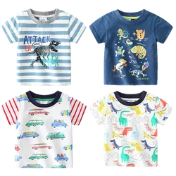 2024 Summer 2 3 4 5 6 8 10 Years Children'S Clothing Dinosaur Car Striped Tees All Match Basic Tops Cartoon T-Shirt For Kids Boy