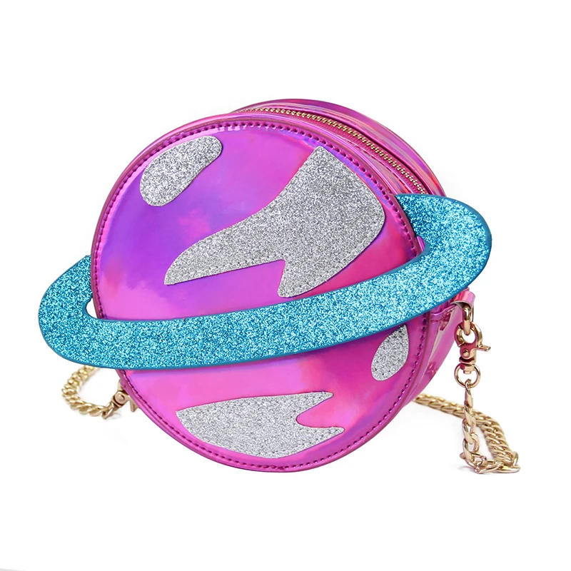 Laser Circular Planet Shape Pursess and Handbags for Young Girls Cute Cartoon Women Chain Crossbody Bag Fashion Novetly Clutch