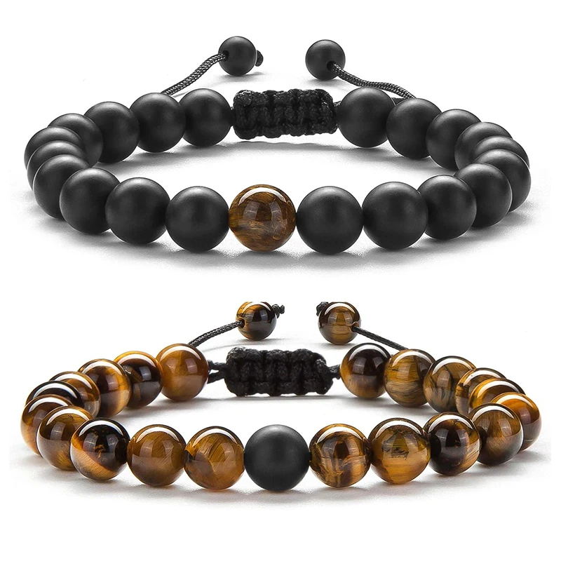 2pcs/set Bead Bracelet Natural Tiger Stone Charm Onyx Beaded Couple Distance Bracelets for Women Men Friend Gift Stretch Jewelry