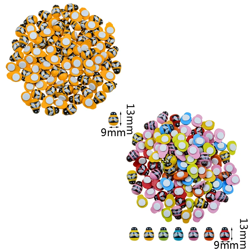 100 sztuk śliczne drewniane żółte pszczoły Mini biedronki samoprzylepne naklejki samoprzylepne dla domu miniaturowe ogrodowe krajobraz ozdobna z