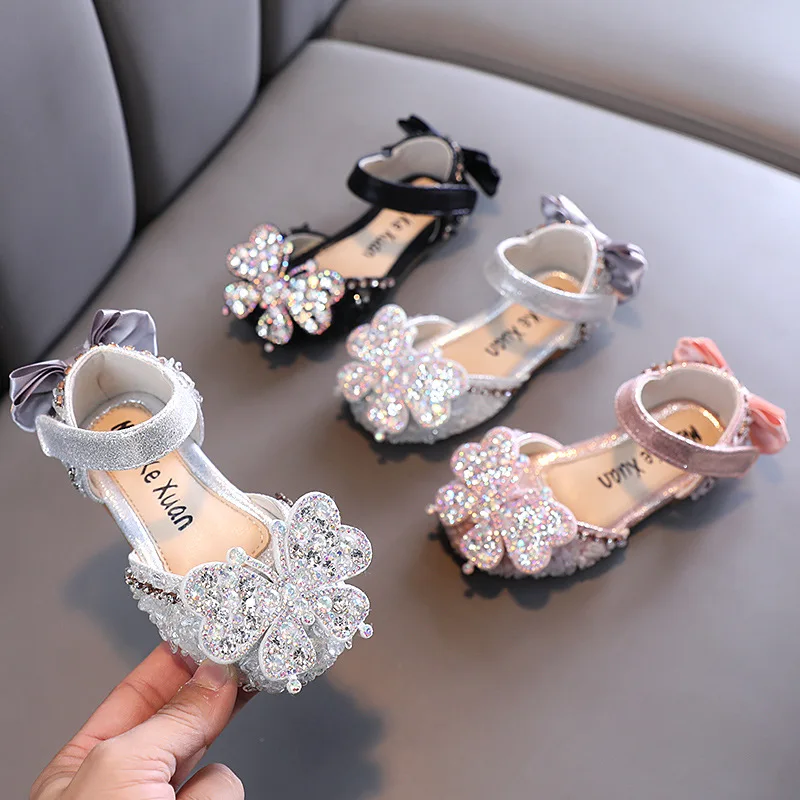 Sandalias de fondo suave para niños y niñas, zapatos con diamantes de imitación, sandalias de princesa con lazo, zapatos planos antideslizantes de