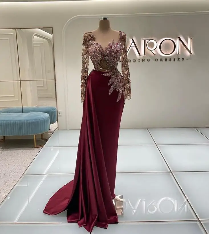 Cusomized Beading Mermaid Prom Dresses Burgundy Long Sleeve Sexy Jewel Neck Evening Dress Party Wear Sweep Train Satin Gowns