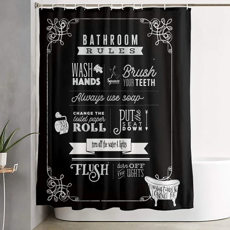 Chalkboard Rules Black Bath Shower Curtain Premium Washable Home Decor Waterproof Fabric Farmhouse With Hooks