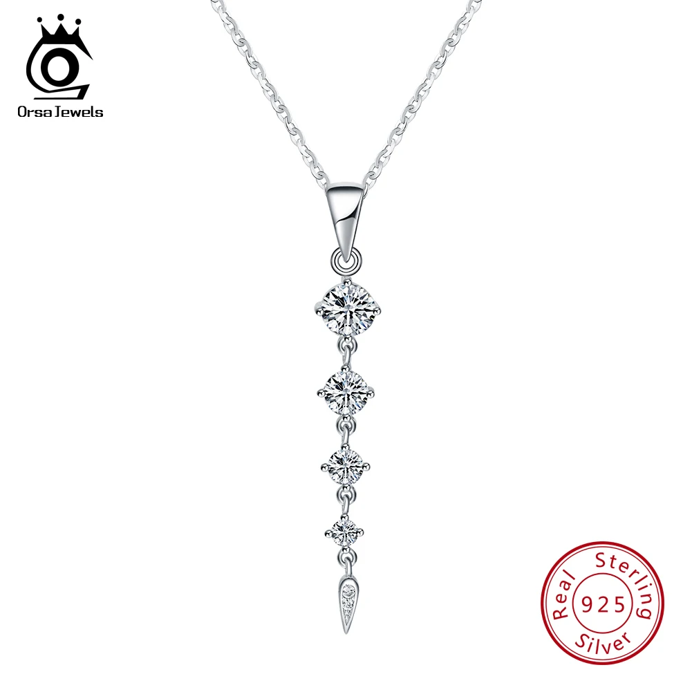 

ORSA JEWELS Real 925 Sterling Silver Pendant Necklaces For Female 48mm Long With AAA Zircon Silver Necklace Jewelry Gift OSN76