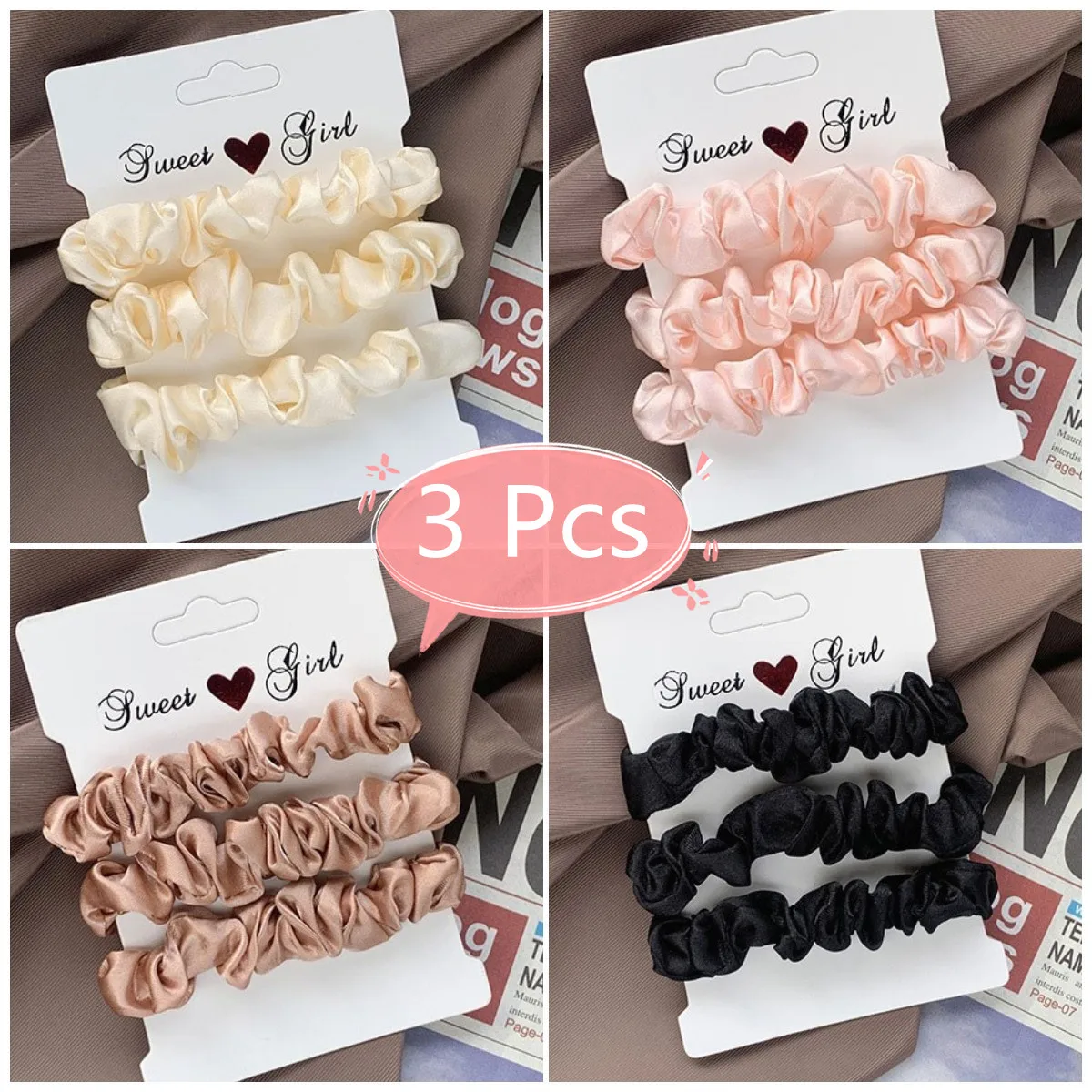 3pcs/set Women Silk Hair Scrunchies Set Solid Colors Elastic Rubber Band Girls Ponytail Holders Hair Ties Rings Hair Accessories