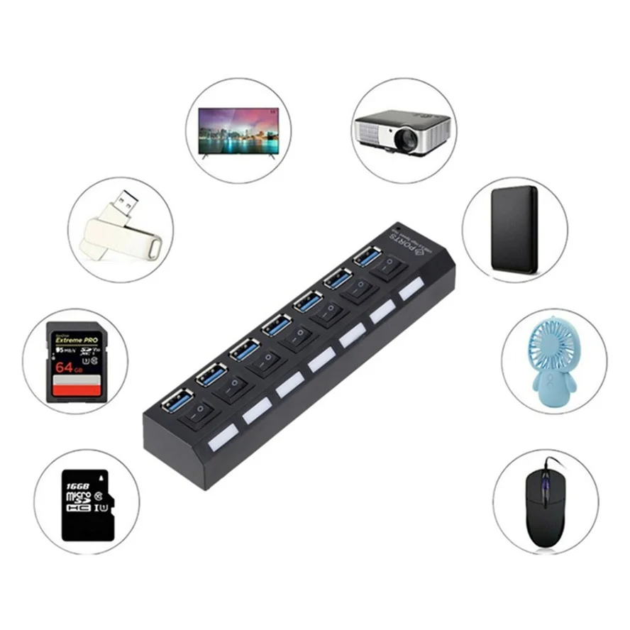 Hub USB com interruptor para PC, multi divisor, adaptador de energia, 7 portas expansor múltiplo, USB 3.0, 3 Hub uso, USB 3.0