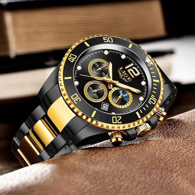 LIGE Fashion Black Gold Clock Top Brand Luxury Stainless Steel Waterproof Quartz Watches Men Sport Chronograph Wrist Watch Man