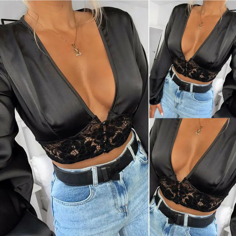 Vrouwen Blouses Voor Lente Herfst Sexy Hollow Mesh Sheer See-Through Diepe V Kant Lange Mouw Top Vrouwelijke blusas