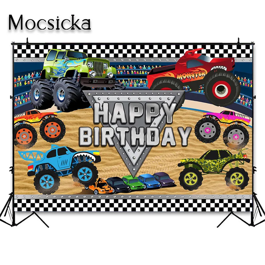 Mocsicka-Toile de Fond Monster Truck pour Enfants, Voitures de Course, Grave Digger, Décoration de ixd'Anniversaire pour Garçons, Fond de Photographie, Photoshoot
