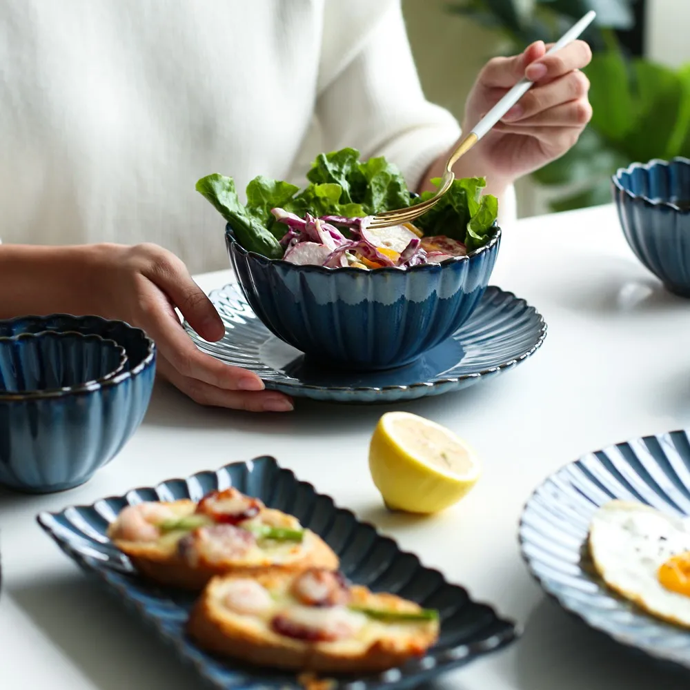 Ahdiha European Ceramic Tableware Set Blue Chrysanthemum Shape Rice Soup Bowl Dish Fruit Plate Creative Retro Kitchen Utensils