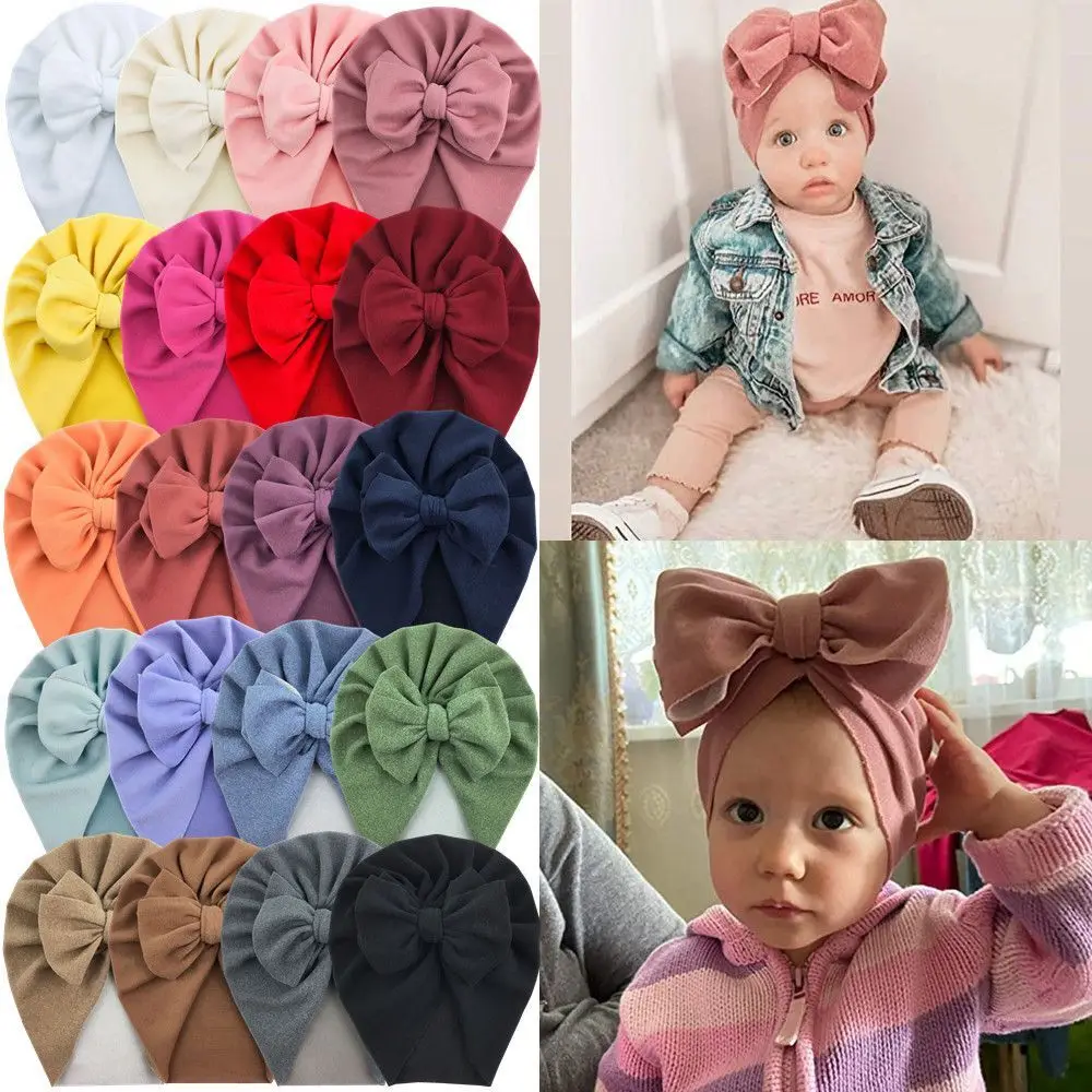 20pc/lot Solid Color Baby Hat Big Bowknot Baby Girl Hat Turban Cashmere Head Wraps Baby Bonnet Beanie Newborn Photography Props