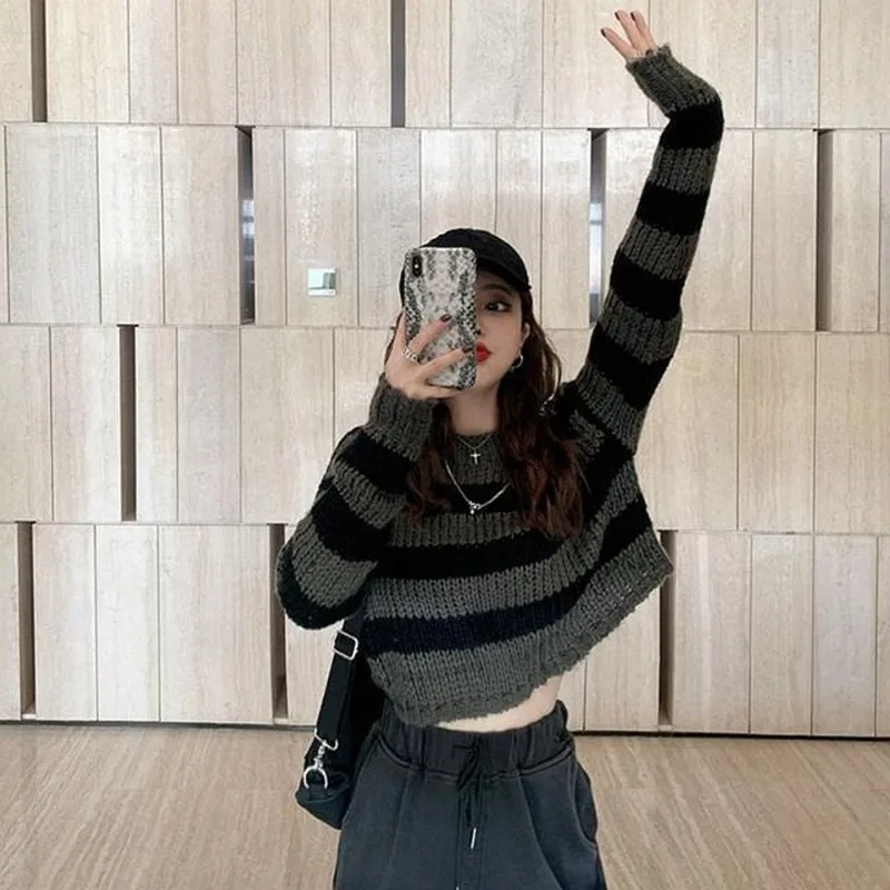 Cropped Sweaters Women Loose Striped Lazy Student Autumn Long Sleeve Chic Stylish Popular Ladies Pullovers Soft Knitted Wear Ins