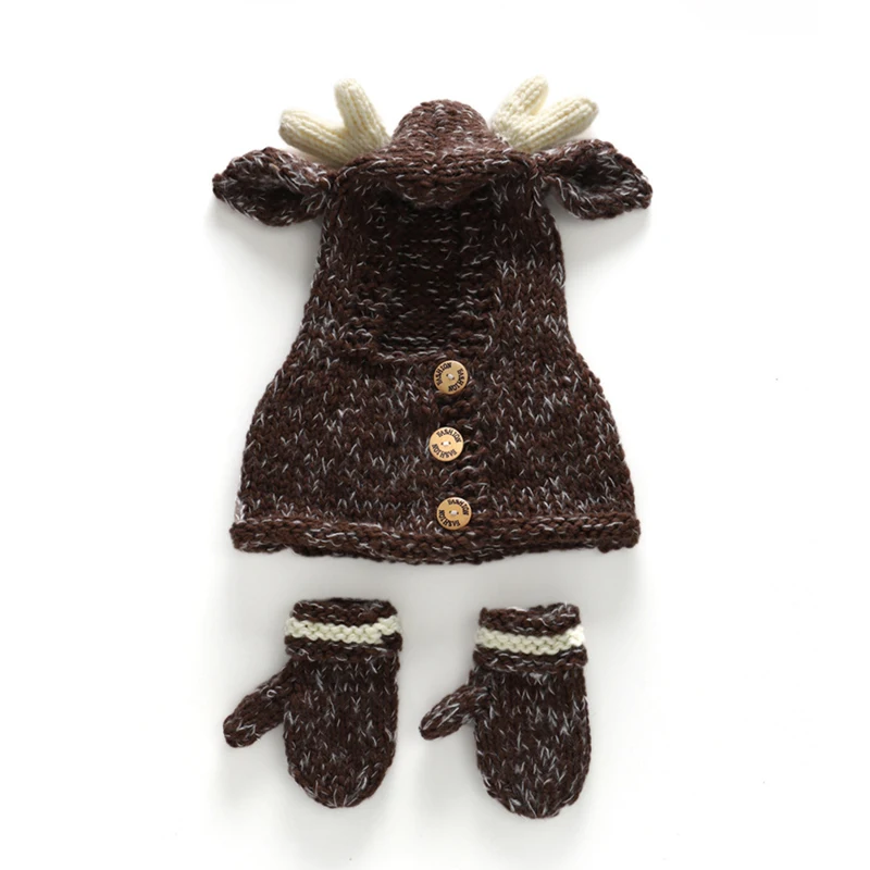 Girls Knitted Reindeer Poncho Shawl Cape Cardigan With Gloves Kids Autumn Winter Warm Clothes Button Sweater Cloak Thick Coat