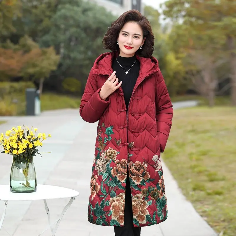 Winter Jacket Women Hooded Parka Long Coat Flower print Cotton Padded Winter Coat Women Warm Thicken Jaqueta Feminina