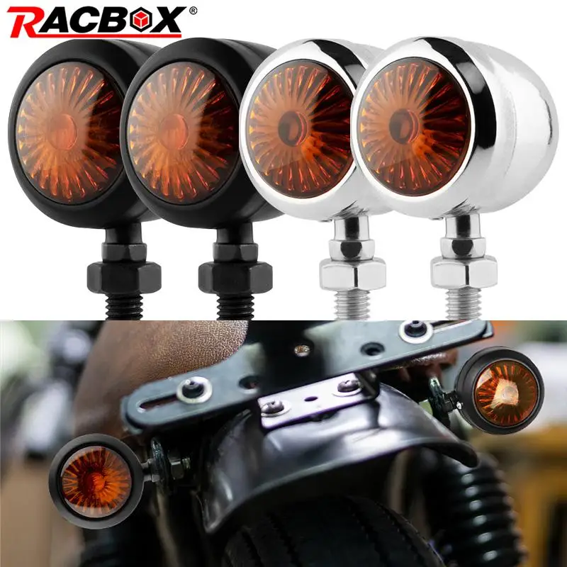 2/4PCS Metal Retro Motorcycle Turn Signal 12V Indicator Light  Black Chrome Bullet Running Lights Amber Blinkers Universal