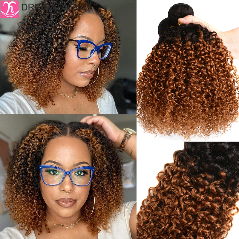 DreamDiana mongolskie kręcone włosy typu Kinky wiązki Ombre kręcone włosy 3/4 wiązki T1B/30 Remy Afro perwersyjne kręcone wiązki 100% ludzkie włosy