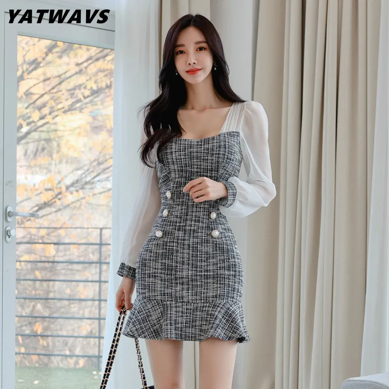 

YATWAVS Spring Chic Pearl Buckle Decoration Mini Dress Women Korean Long Sleeve Stitching Square Collar Office Mermaid Dresses