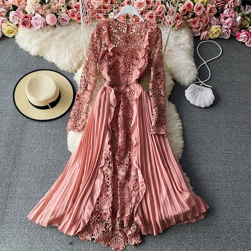 

French Style Chic Long Dresses Women Lace Chiffon Patchwork Pleated Dress 2021 New Spring Summer Elegant Party Gowns