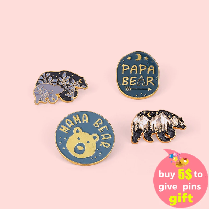 Mama Bear with Cubs Custom Enamel Pins Cute Cartoon Animal Brooch Bear Family Lapel Pin Badge Jewelry Gift for Friends Wholesale