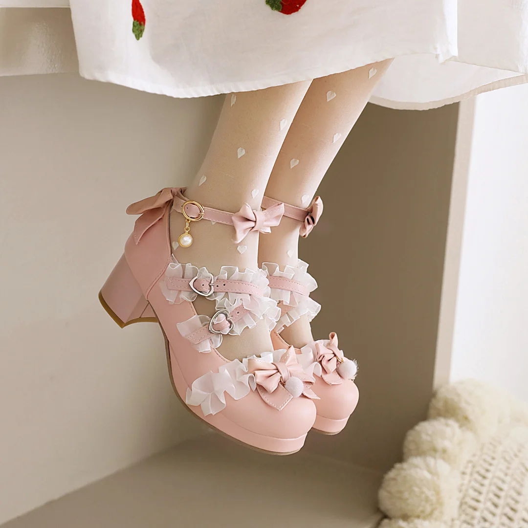 Cinturino incrociato donna tacchi alti Mary Jane décolleté Wedding Tea Party bianco rosa nero Ruffles Bow Maid Princess Cosplay Lolita Shoes