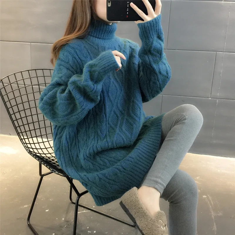 Turtleneck Loose Lazy Wind Long Sweater Women Long Sleeve Striped Jacquard Straight Knitted Sweater Women Female Spring Autumn