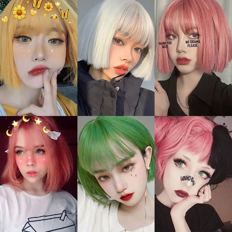 Short Straight Lolita Wigs Synthetic Hair Green pink silver golden Mixed color Cool Girl outlook Wig for Woman Hair Extensions