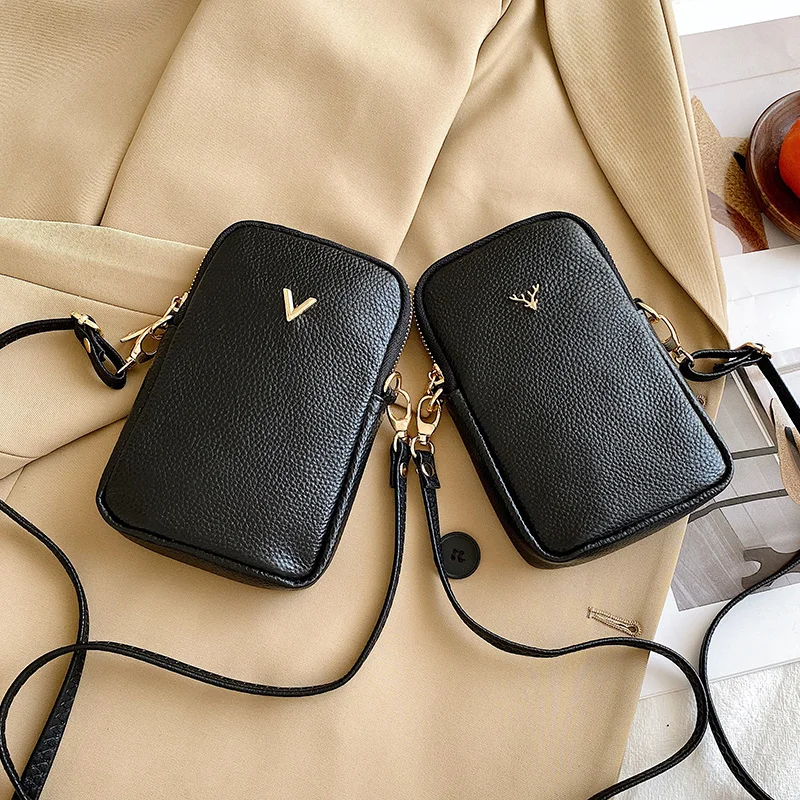 2021 New Women Purses Solid Color Genuine Leather Shoulder Strap Bag Mobile Phone Bag Card Holders Wallet Black Cowhide Handbag