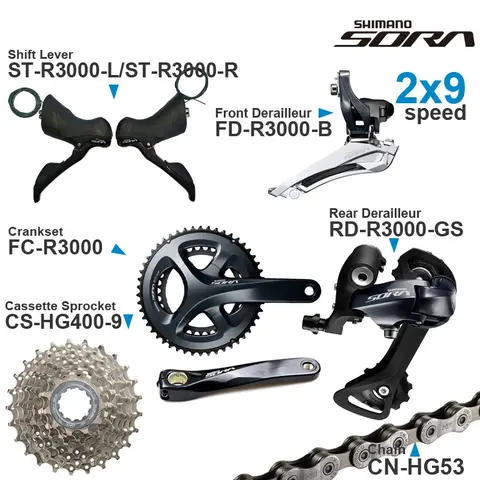 SHIMANO SORA R3000 2x9v Groupset with Shifter  Front Rear Derailleur Cassette Sprocket COG Chain Crankset -Road- 2x9-speed