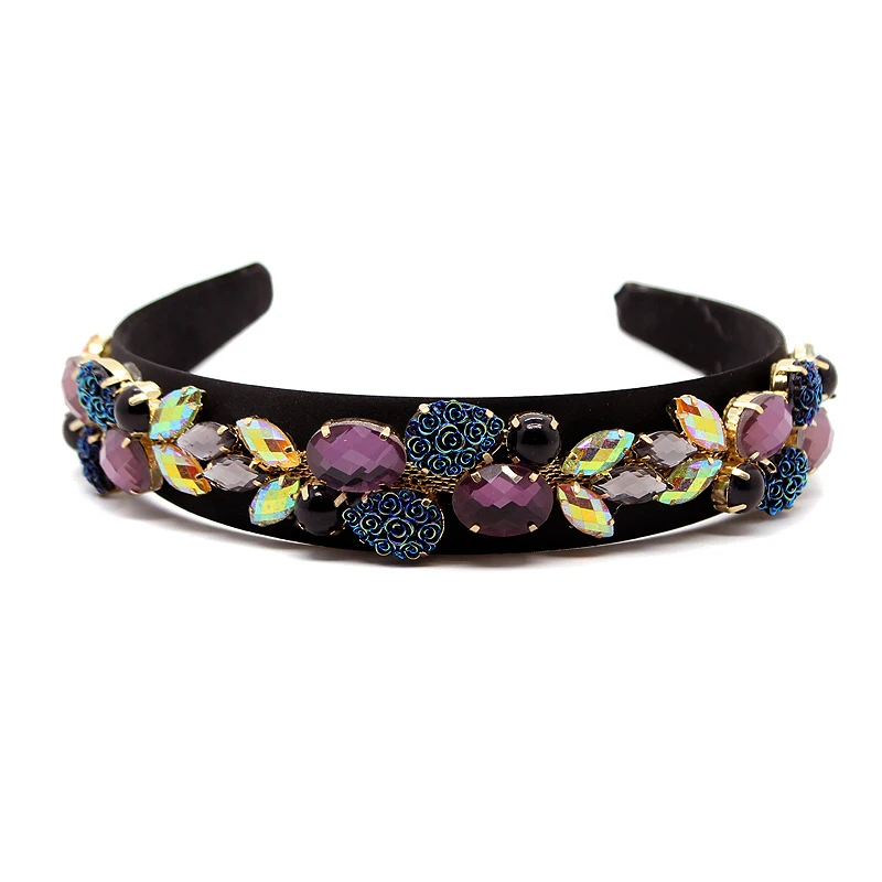 Vintage Baroque Black Purple Rhinestone Hairbands Flower Crystal Headbands For Women Luxurious Hair Accessories Jewelry