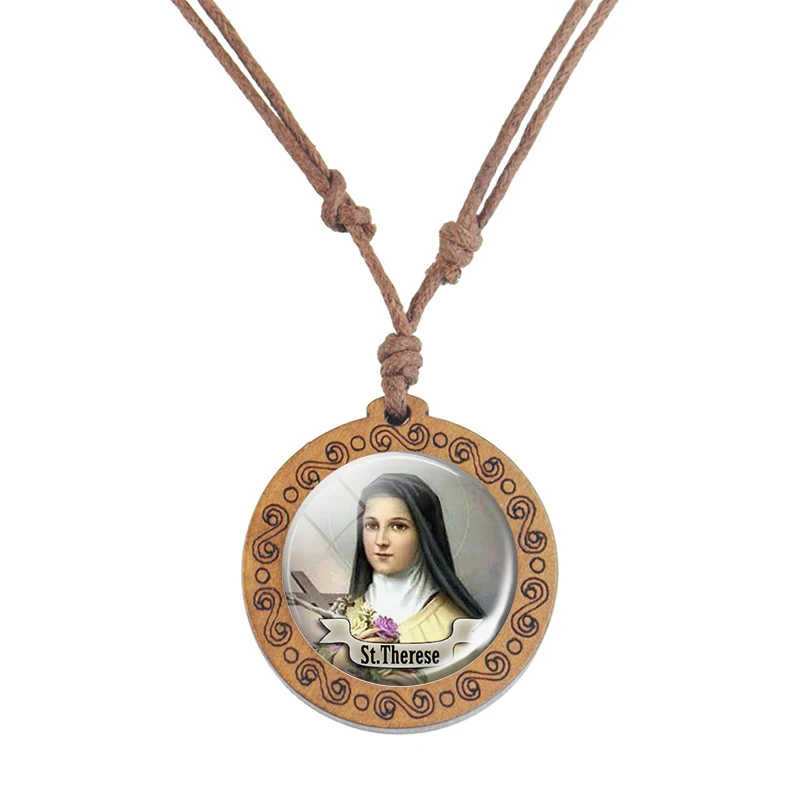 Christian Saint Jewelry St Michael St.therese Glass Cabochon Wooden Pendant Necklace Retro Adjustable Rope Chain Necklaces Gifts