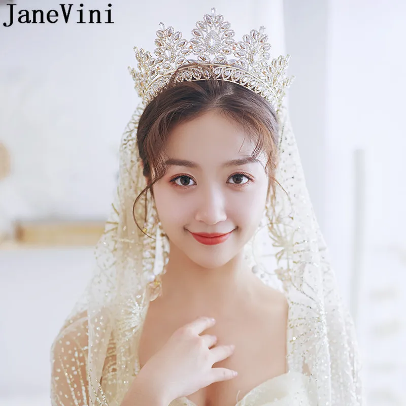 JaneVini Gold Arabic Bride Tiaras and Crowns with Earrings Set Rhinestone Crystal Bridal Head Jewelry Women Wedding Headband