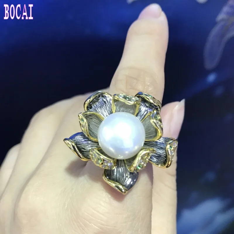 restoring ancient ways for Italy technology original natural black pearl flower ring, 925 silver handmade jewelry