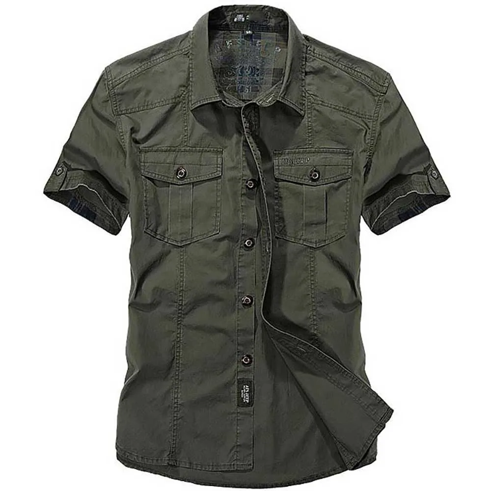 Chemises décontractées en coton pour hommes, grande taille, chemise bouffante adt, manches courtes, col rabattu, style militaire, vêtements pour