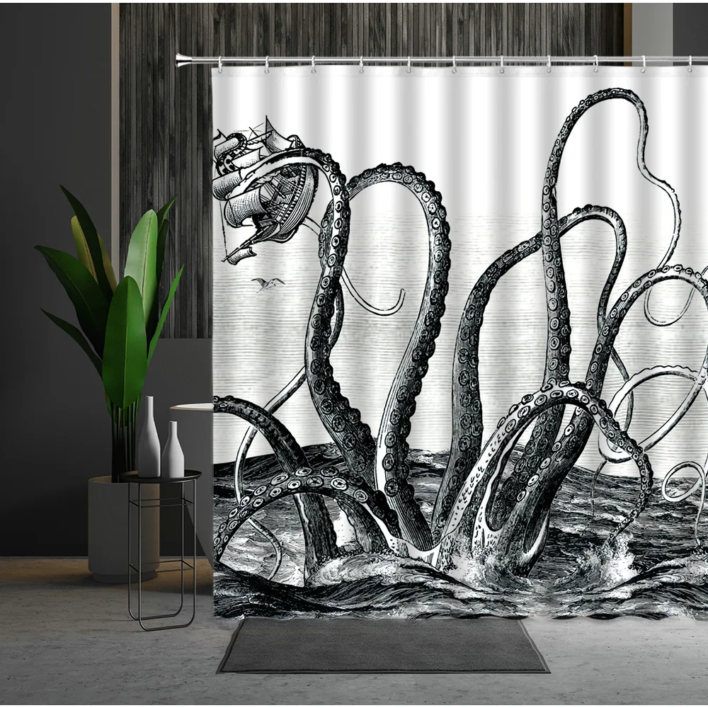 

Octopus Shower Curtains Marine Life Black White Tentacle Turtle Hippocampus Cartoon Animal Print Bathroom Decor Fabric Curtains