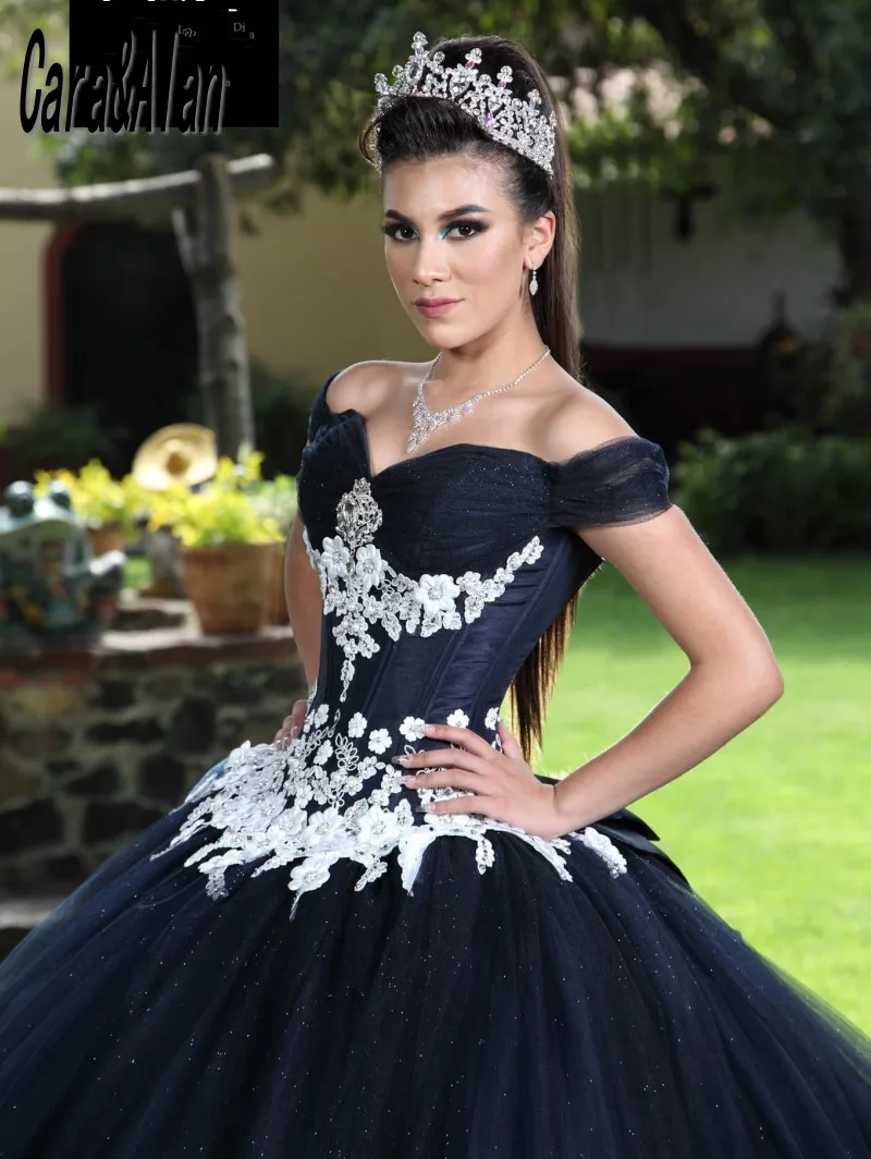 Vestidos De quinceañera negros con apliques blancos, Charro De encaje con cuentas, 15 Años, hombros descubiertos, dulces 16 Vestidos