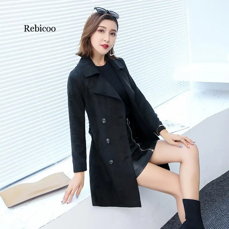 

Autumn Winter New Trench Coat for Women Suede Windbreaker Double Breasted Female With Belt Casual Office Lady Outwear