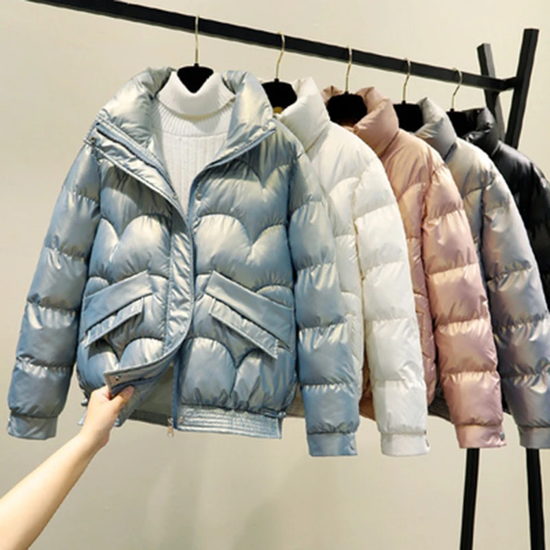 New Winter Women Short Parkas Jacket Casual Female Thicken Warm Windprood Shiny Bright Hooded Winter Cotton Padded Jacket Coat