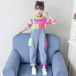 Cute Girls Clothes Colorful Tops Long Sleeve Rainbow Sweatshirt Jeans Pocket Denim Jumpsuit 4 5 6 7 9 11 12 Years Girl 2pcs Sets