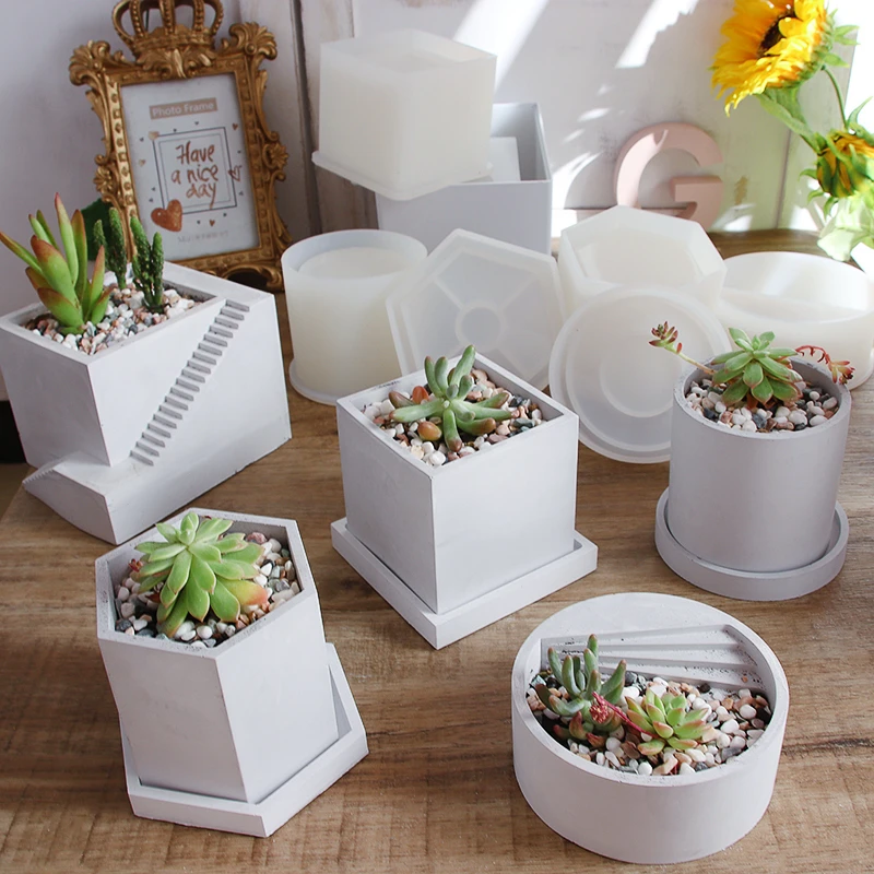 Hexagon Flowerpot Concrete Silicone Mold For Succulent Plants Round Pen Container Plaster Gypsum Mould Cement Clay Molds