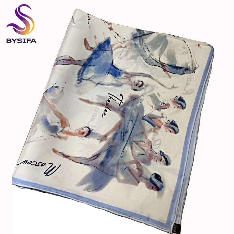 [BYSIFA] New Elegant Blue White Silk Scarf Summer Fashion Ballet Girl Pattern Pure Silk Square Scarves Head Accessories 70*70cm