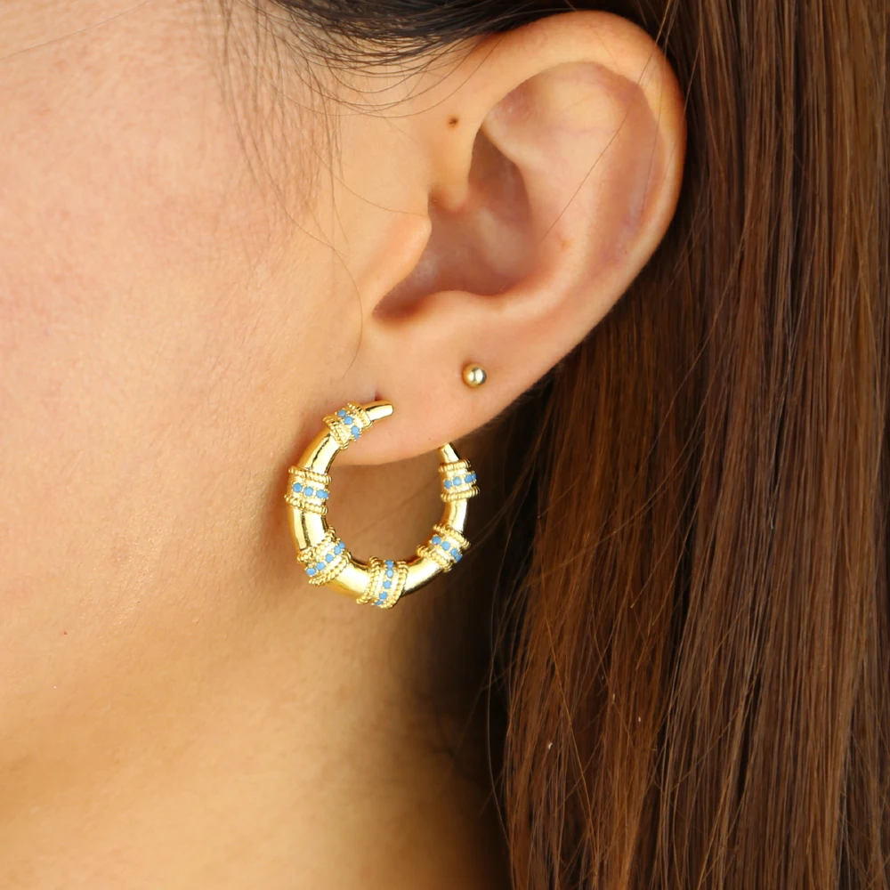 Gold color blue turquoises stone geometric round circle big horn crescent moon stud earring