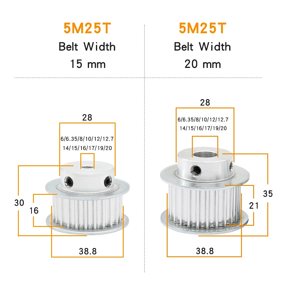 HTD5M-25T Timing Pulley Bore 6/6.35/8/10/12/12.7/14/15/16/17/19/20 mm Aluminium Alloy Belt Pulley For Width 15/20 mm Timing Belt