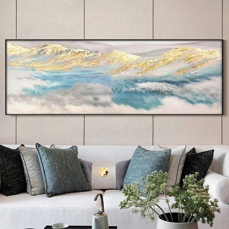 

Aestheticism Gold Landscape Handmade Canvas Mountain Painting Wall Art Cloud Mural Picture for Living Room Cuadros Decor Salon