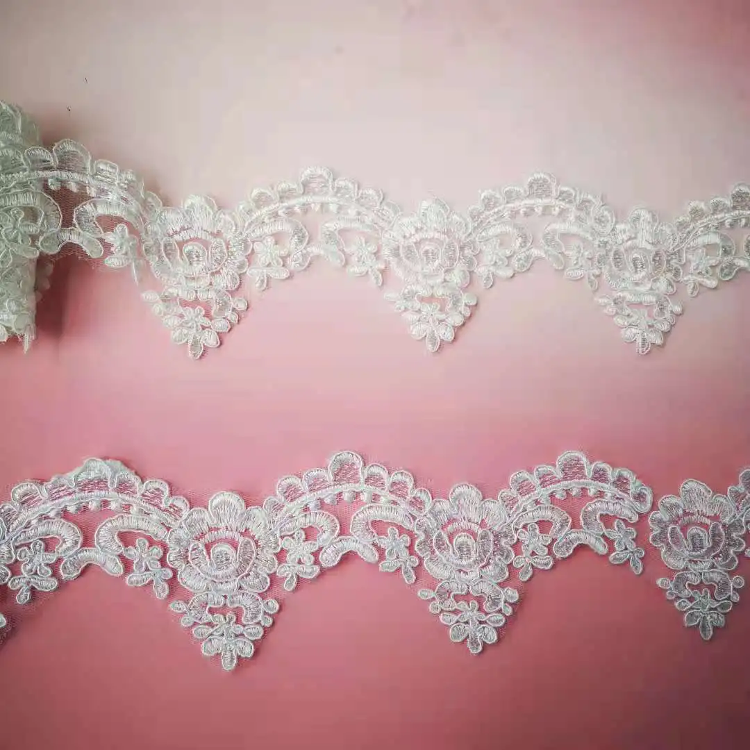 9Yards 8cm Wide Pure White Ivory Edge Polyester Embroidery Lace Trim for Bridal Wedding Gown Costume Design Lace Ribbon
