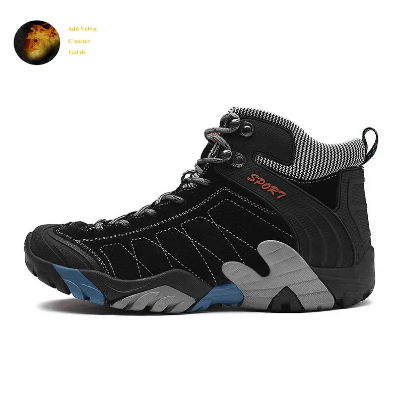 Brand Winter Outdoor Blue Leather Hiking Shoes Men Warm Trekking Boots For Male Non Slip Climbing Mountain Shoes Men Size 38-45