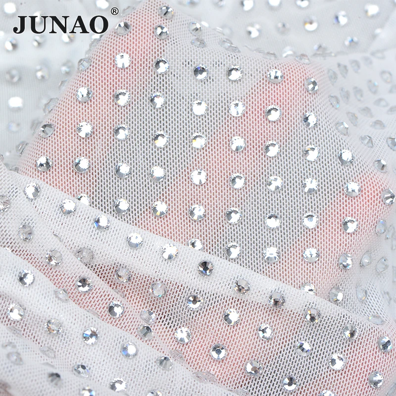 JUNAO 1x1.5 Meter Nude Mesh AB Glass Rhinestone Sheet Trim Crystal Applique Ribbon Elastic Strass Banding For Dress Decoration