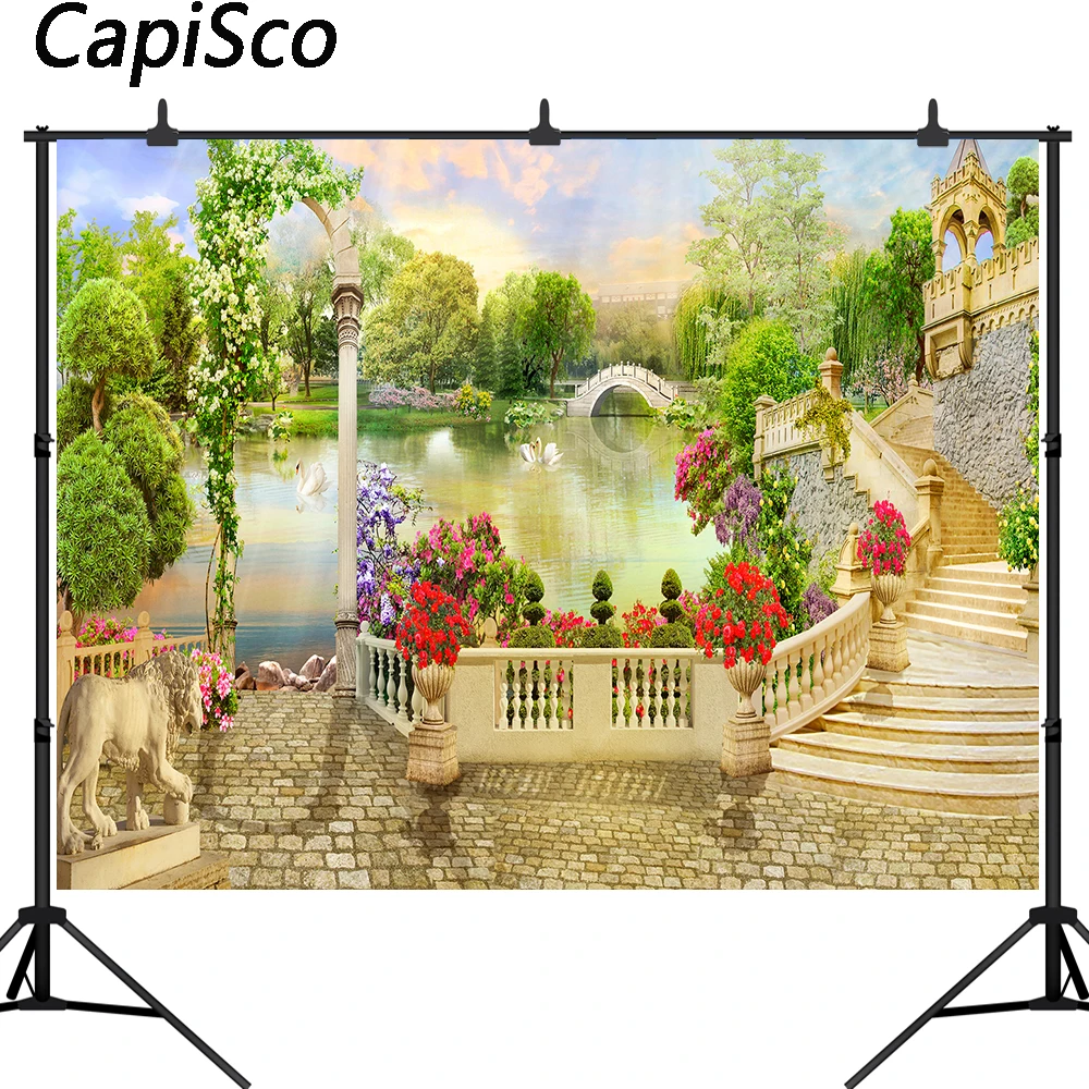 كابيسكو رومانسية الزفاف الملكي حديقة التصوير خلفية بجعة الزهور حجر أسود صور خلفية استوديو الدعائم التقاط الصور