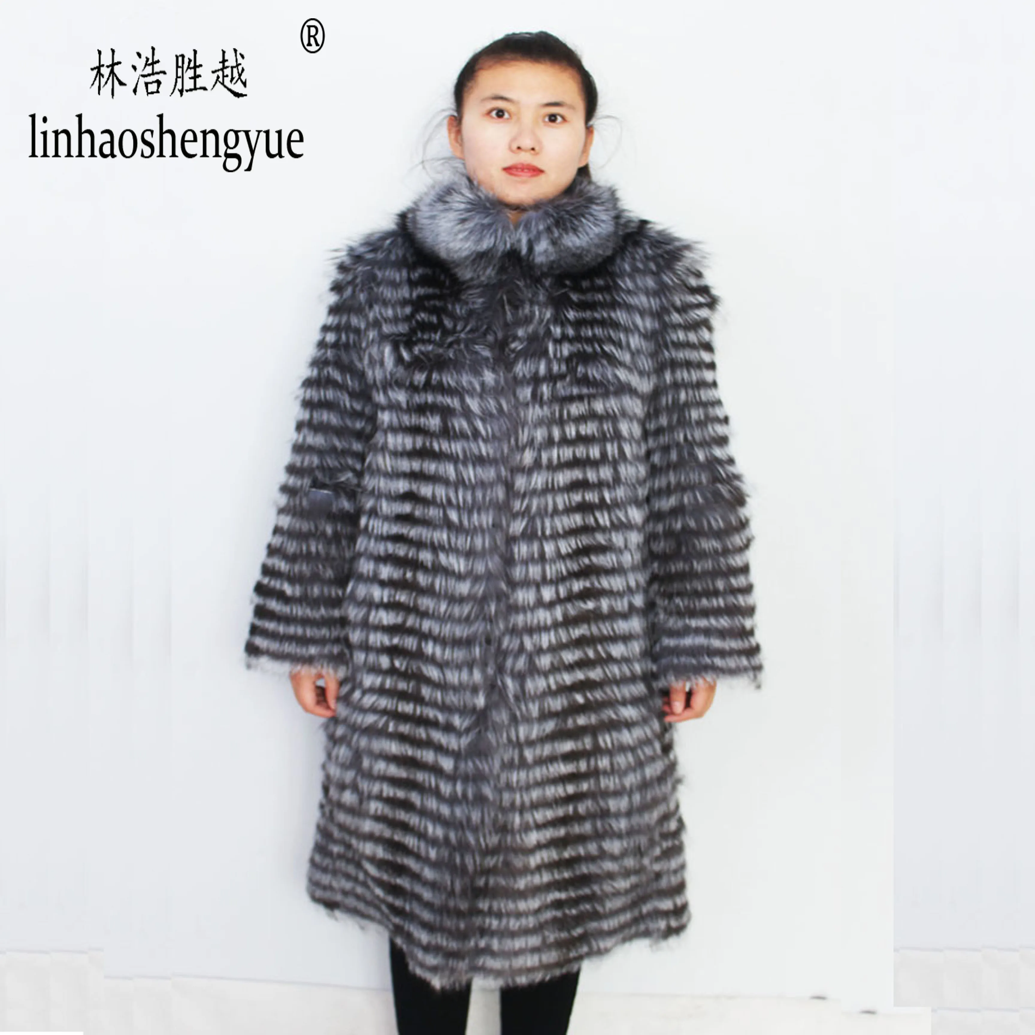 Linhaoshengyue  2020 NEW HOT   Fox Fur Long Coat Wool Knit Liner With Stylish Stand Collar