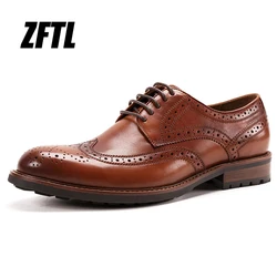 ZFTL Men's Brogue shoes Genuine Leather man Dress shoes male Oxford shoes Business shoes man lace-up formal shoes Black Brown