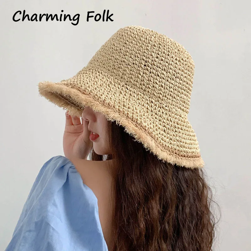 2021 Womens Straw Hats Chinese Straw Hat Panamas UV Protection Sun Visor Beach Hats Women Visors Foldable Female Summer Sun Hat